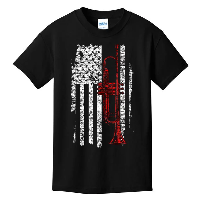 USA Flag Thin Red Line Jazz Music Gifts Trumpet Kids T-Shirt