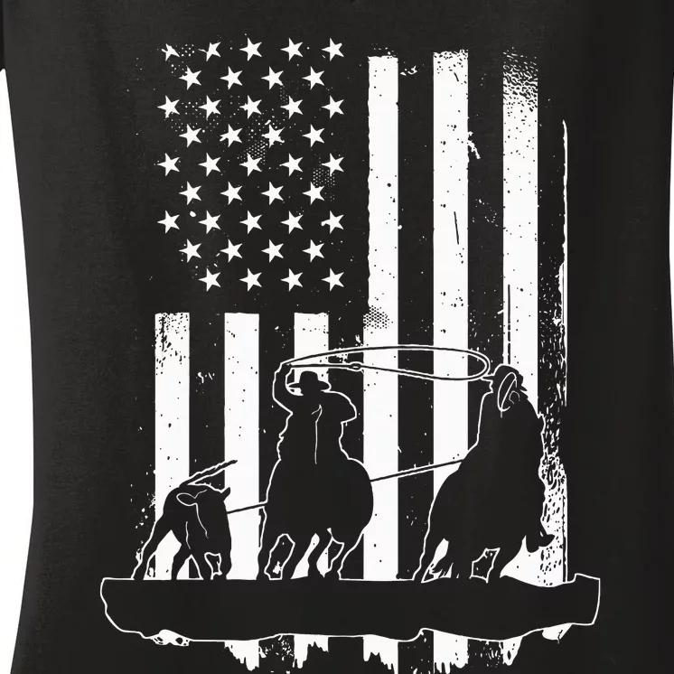 USA Flag Team Roping Design Rodeo Western Horse Women's V-Neck T-Shirt