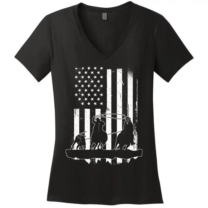 USA Flag Team Roping Design Rodeo Western Horse Women's V-Neck T-Shirt