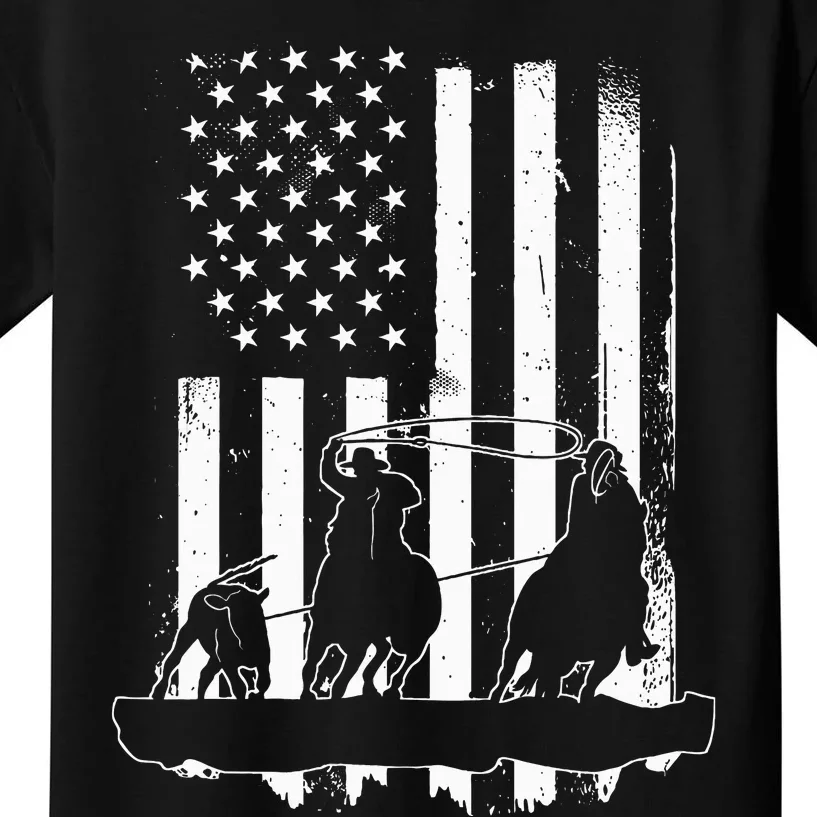 USA Flag Team Roping Design Rodeo Western Horse Kids T-Shirt