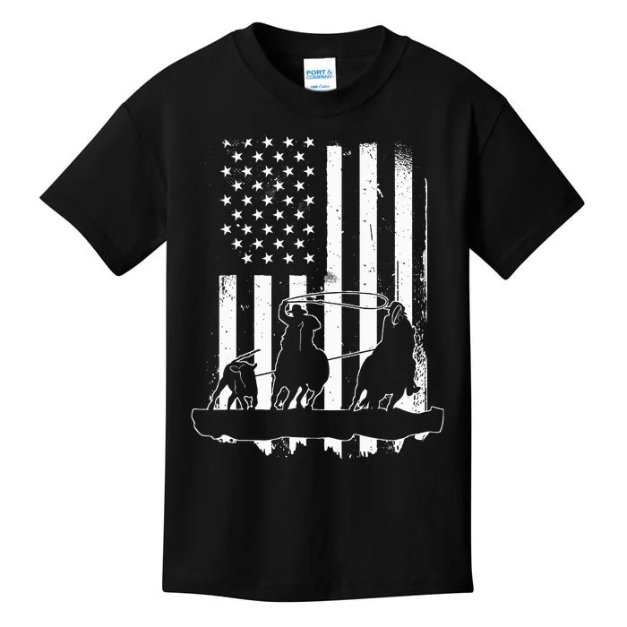 USA Flag Team Roping Design Rodeo Western Horse Kids T-Shirt