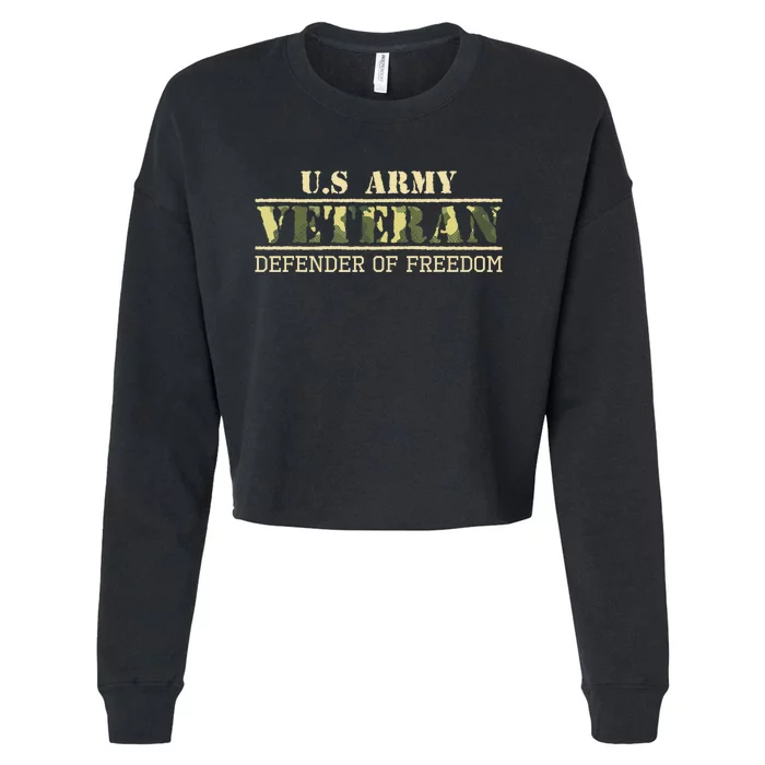 US Flag US Army Veteran Defender of Freedom Cropped Pullover Crew