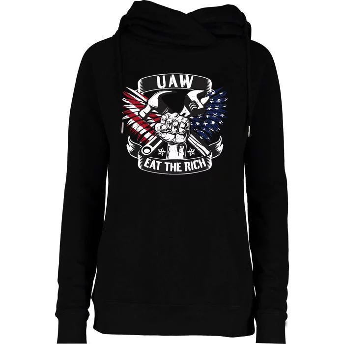 Us Flag Vintage Uaw Eat The Rich Uaw Strong Uaw Proud Union Womens Funnel Neck Pullover Hood