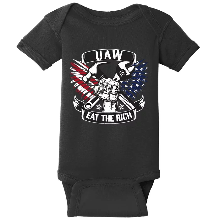 Us Flag Vintage Uaw Eat The Rich Uaw Strong Uaw Proud Union Baby Bodysuit