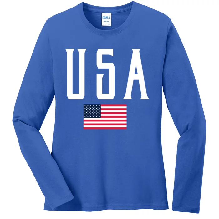 Usa Flag Vintage White Text Gift Ladies Long Sleeve Shirt