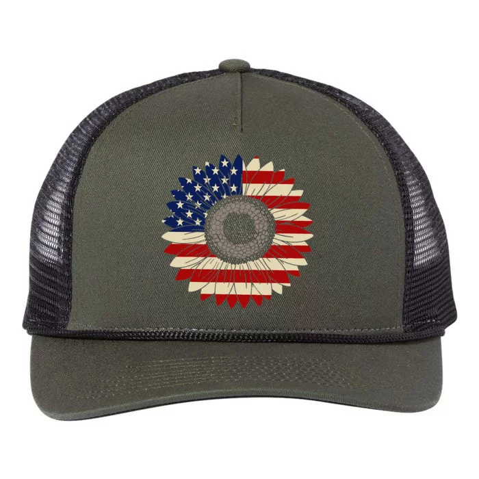 US Flag Vintage Sunflower Leopard Patriotic 4th Of July Retro Rope Trucker Hat Cap