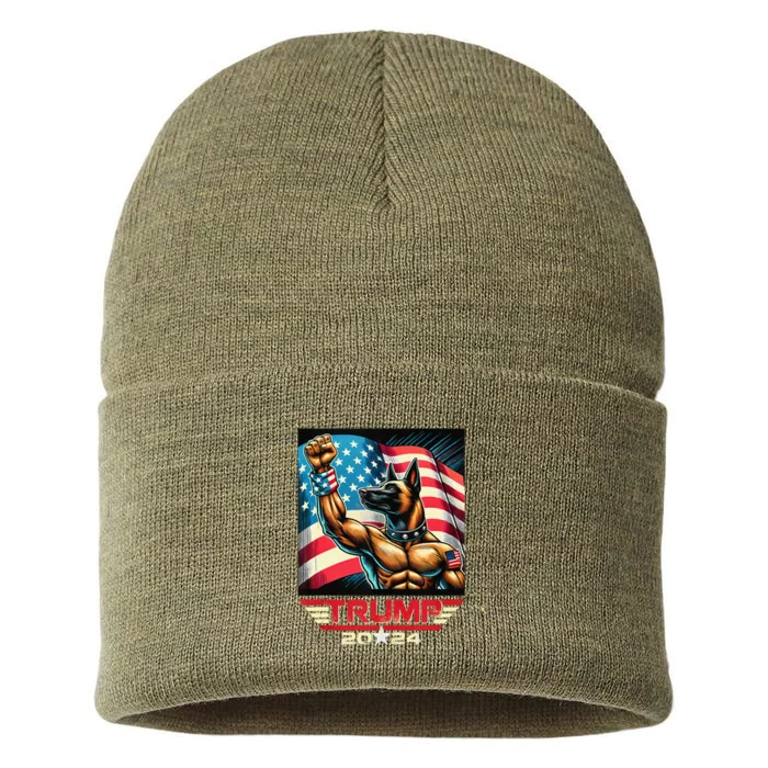 Us Flag Vote For Trump 2024 Fist Belgian Malinois Dog Sustainable Knit Beanie