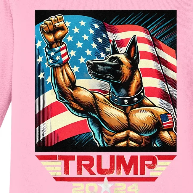 Us Flag Vote For Trump 2024 Fist Belgian Malinois Dog Baby Long Sleeve Bodysuit