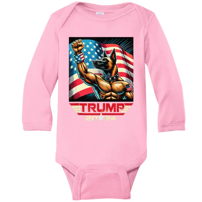 Us Flag Vote For Trump 2024 Fist Belgian Malinois Dog Baby Long Sleeve Bodysuit