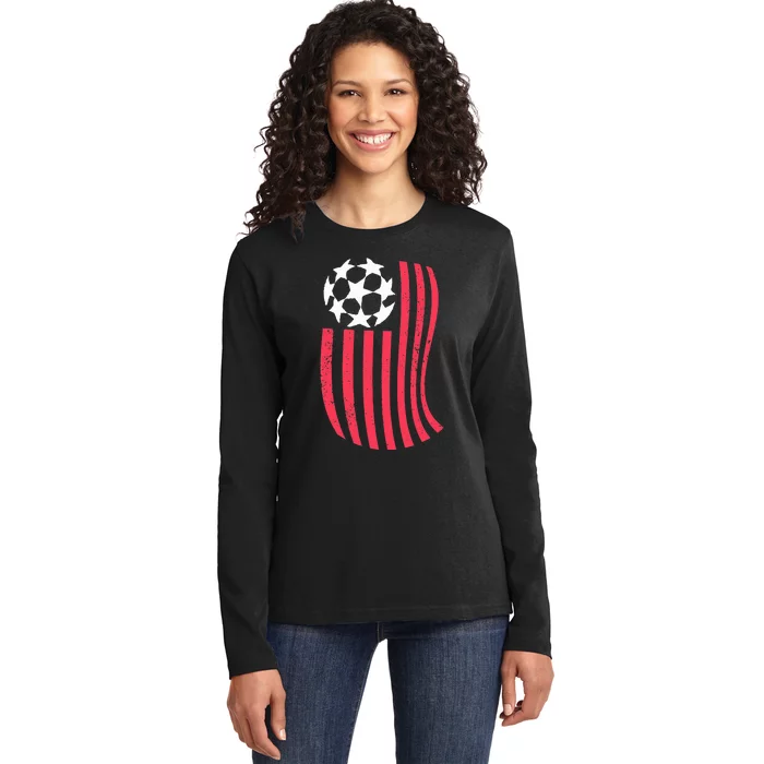 USA Flag With Soccer Ball Distressed Graphic Ladies Long Sleeve Shirt