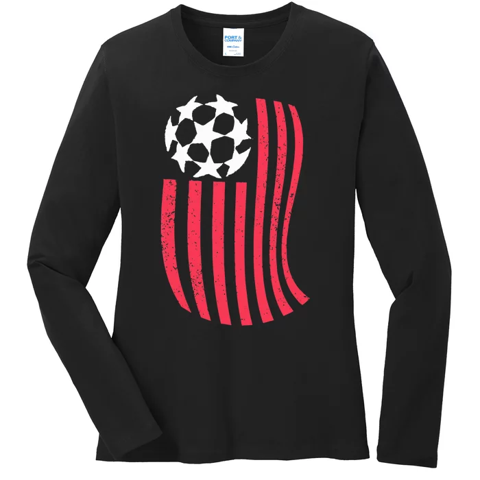 USA Flag With Soccer Ball Distressed Graphic Ladies Long Sleeve Shirt