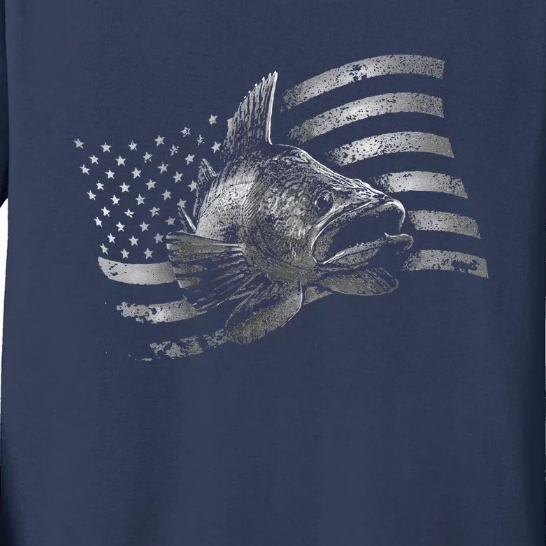 USA Flag Walleye Fishing Design Kids Long Sleeve Shirt