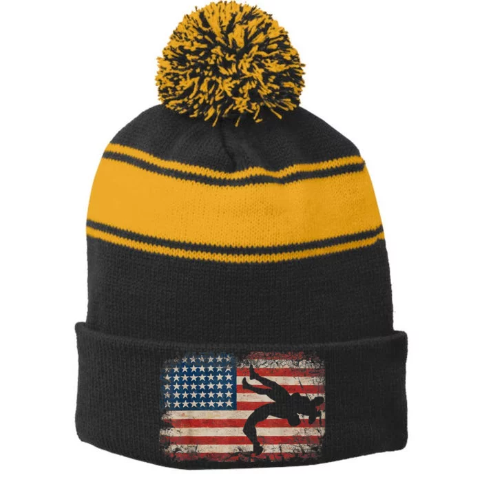 Usa Flag Wrestling American Flag Wrestling Wrestle Gift TShirt Stripe Pom Pom Beanie