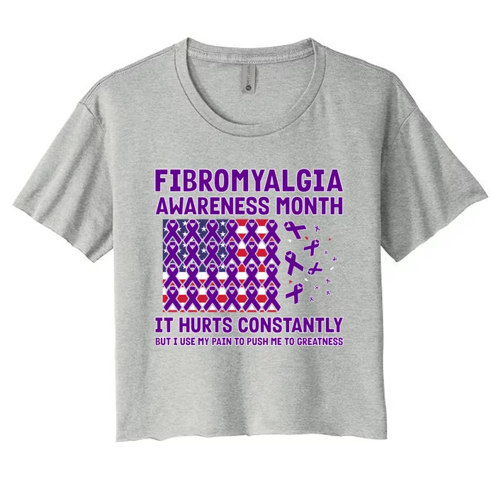 Usa Flag W Purple Ribbons For Fibromyalgia Awareness Month Funny Gift Women's Crop Top Tee