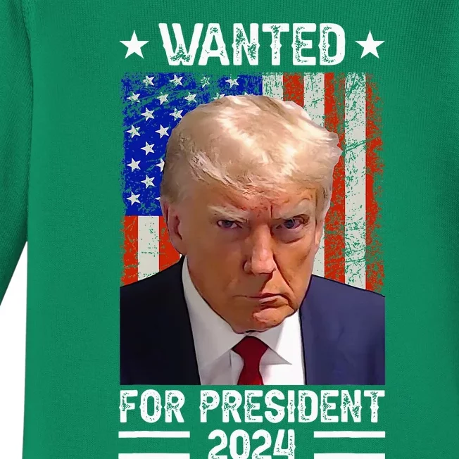 Usa Flag Wanted For President 2024 Trump Mugshot Baby Long Sleeve Bodysuit