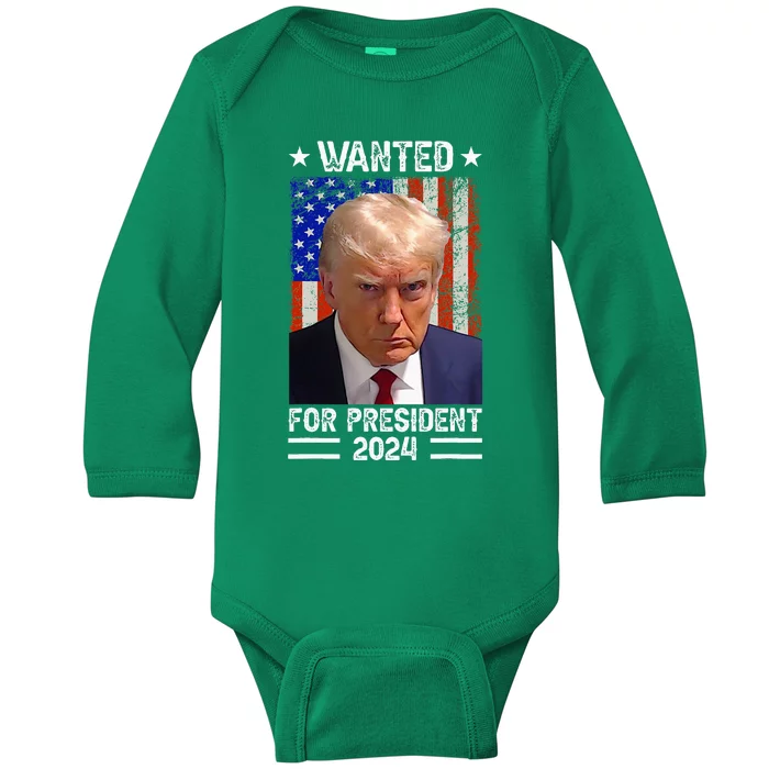 Usa Flag Wanted For President 2024 Trump Mugshot Baby Long Sleeve Bodysuit