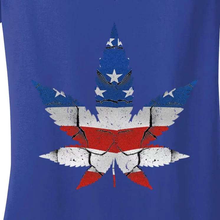 Usa Flag Weed Leaf Fourth Of July American Flag Marijuana Gift Women's V-Neck T-Shirt