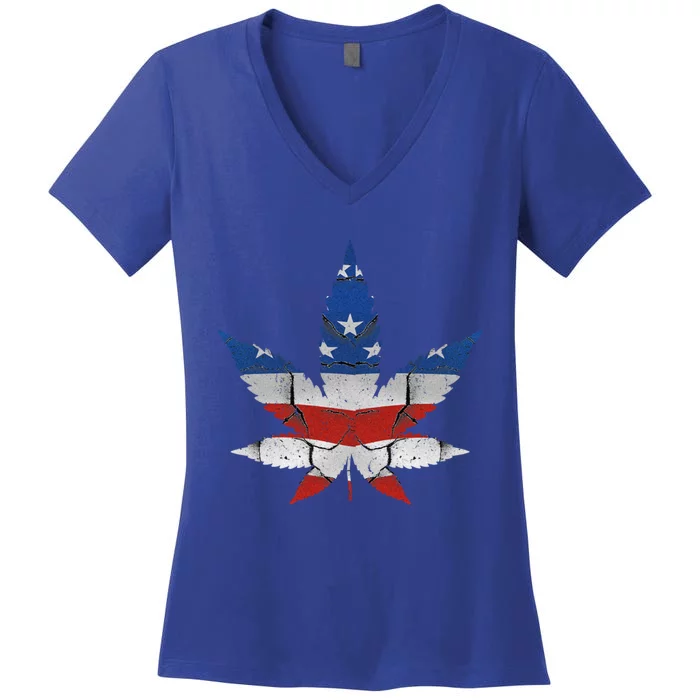 Usa Flag Weed Leaf Fourth Of July American Flag Marijuana Gift Women's V-Neck T-Shirt