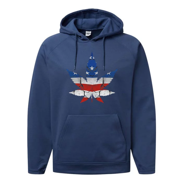 Usa Flag Weed Leaf Fourth Of July American Flag Marijuana Gift Performance Fleece Hoodie