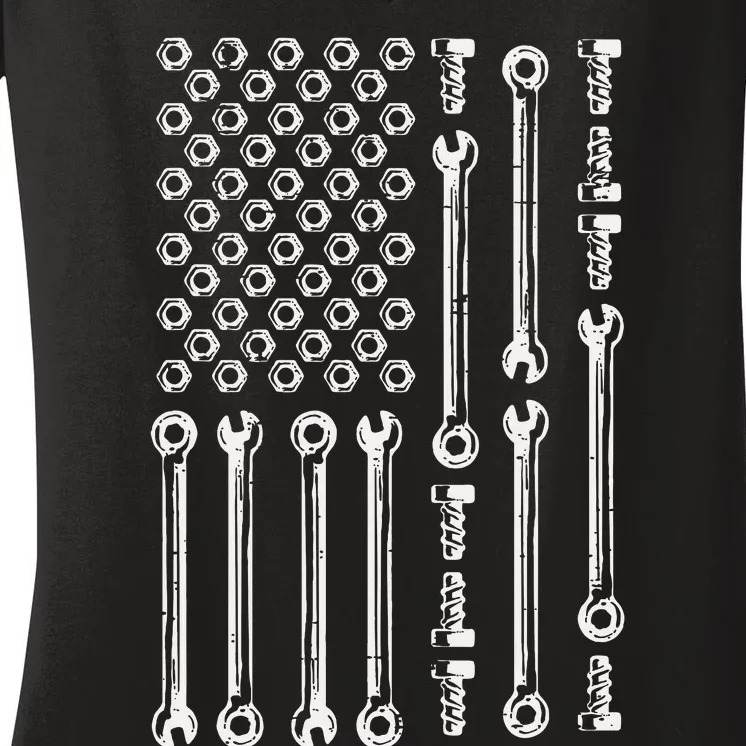 Usa Flag Wrenches Car Auto Mechanic Garage Patriotic Dad Women's V-Neck T-Shirt