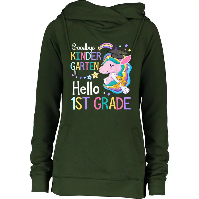 Unicorn Girl Goodbye Kindergarten Hello 1st Grade Graduation Womens Funnel Neck Pullover Hood