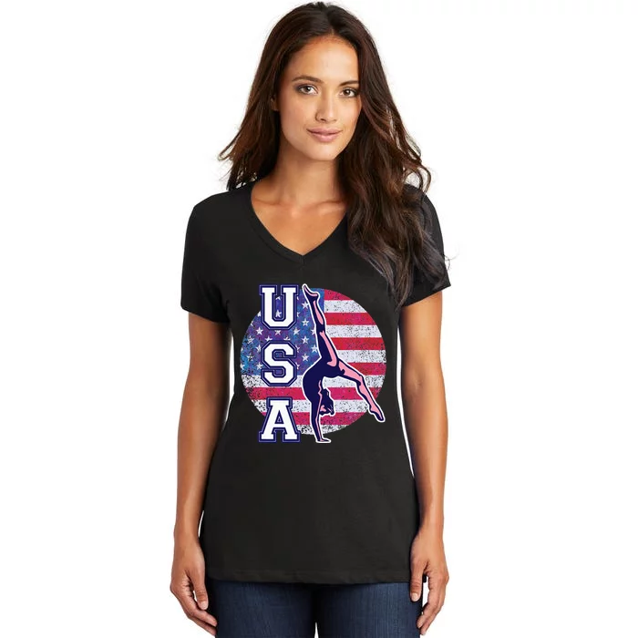 Usa Gymnast Gymnastics Team Athlete American Flag Women's V-Neck T-Shirt