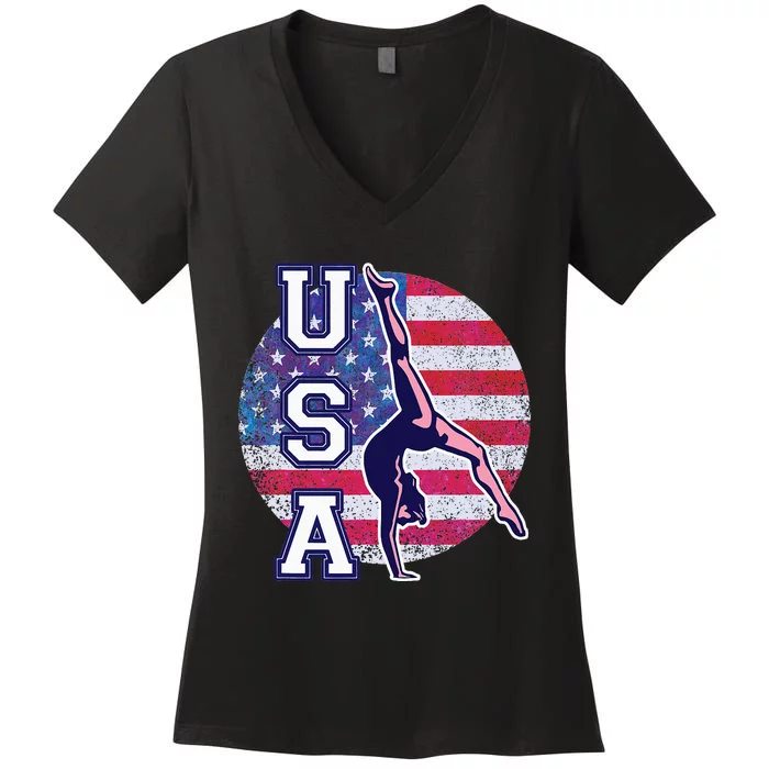 Usa Gymnast Gymnastics Team Athlete American Flag Women's V-Neck T-Shirt