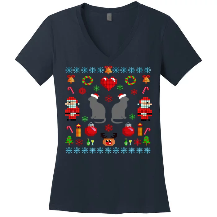 Ugly Cat Christmas Sweater 8 Bit Women's V-Neck T-Shirt