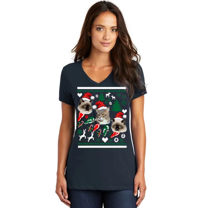 Ugly Cat Christmas Sweatshirt Sweater Women's V-Neck T-Shirt