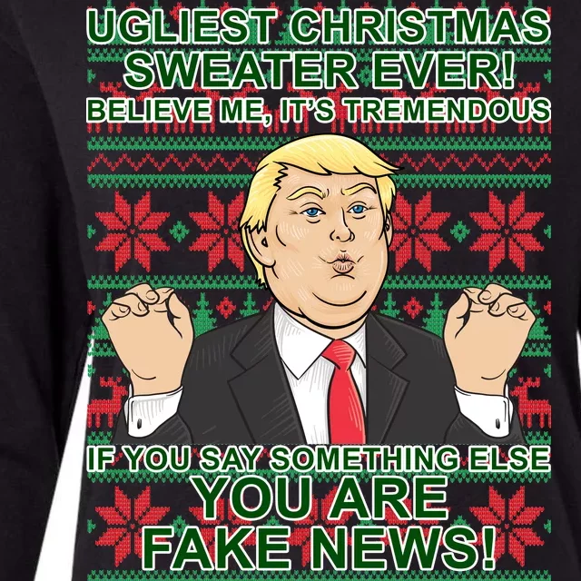 Ugly Christmas Sweater Fake News Trump Womens Cotton Relaxed Long Sleeve T-Shirt