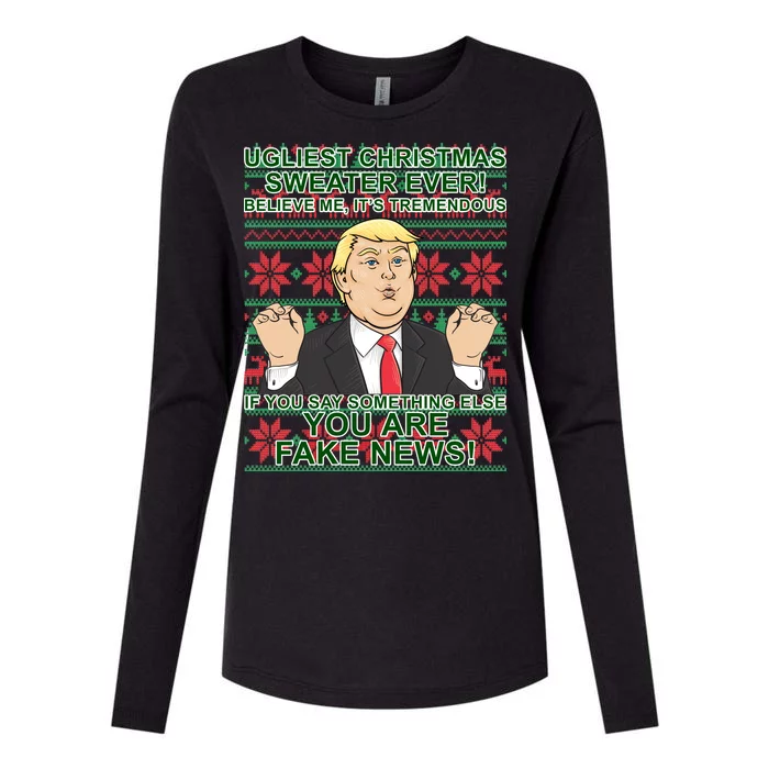 Ugly Christmas Sweater Fake News Trump Womens Cotton Relaxed Long Sleeve T-Shirt