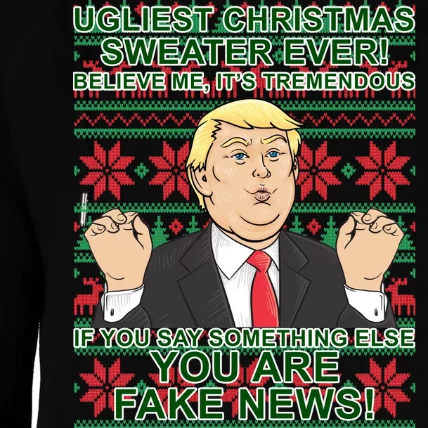 Ugly Christmas Sweater Fake News Trump Womens Funnel Neck Pullover Hood