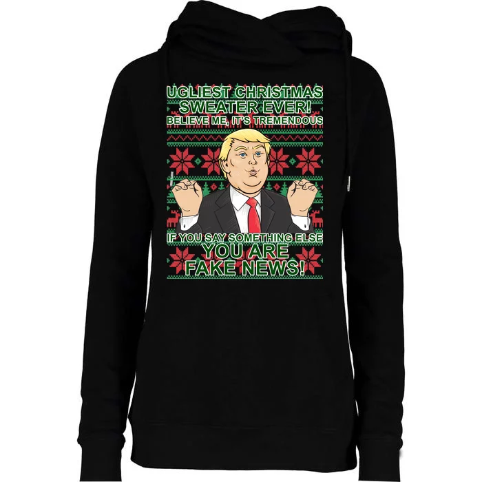 Ugly Christmas Sweater Fake News Trump Womens Funnel Neck Pullover Hood