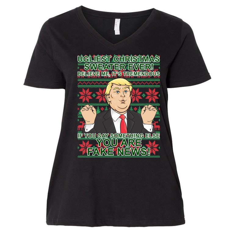 Ugly Christmas Sweater Fake News Trump Women's V-Neck Plus Size T-Shirt