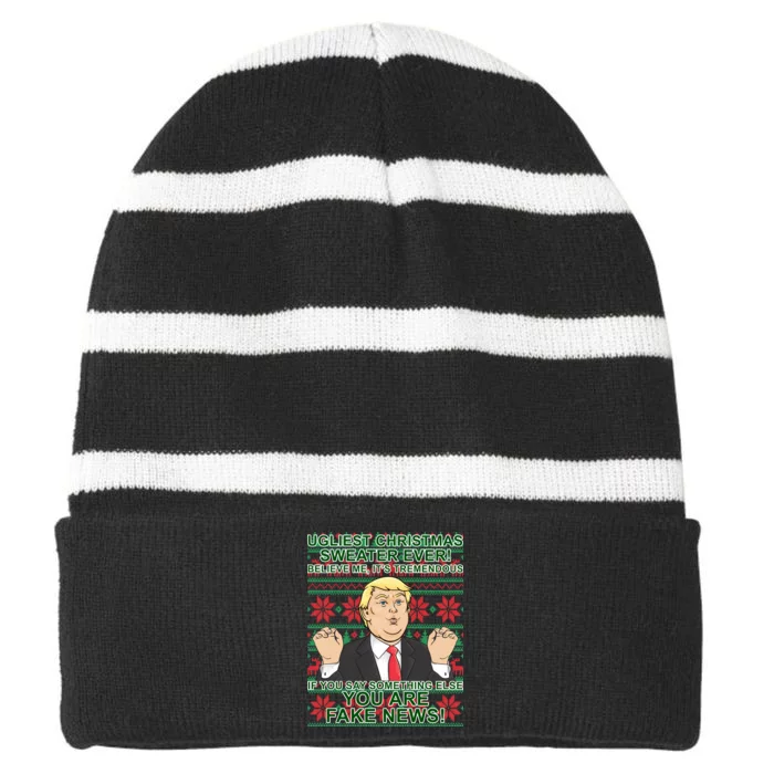 Ugly Christmas Sweater Fake News Trump Striped Beanie with Solid Band