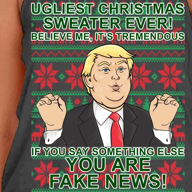 Ugly Christmas Sweater Fake News Trump Women's Knotted Racerback Tank