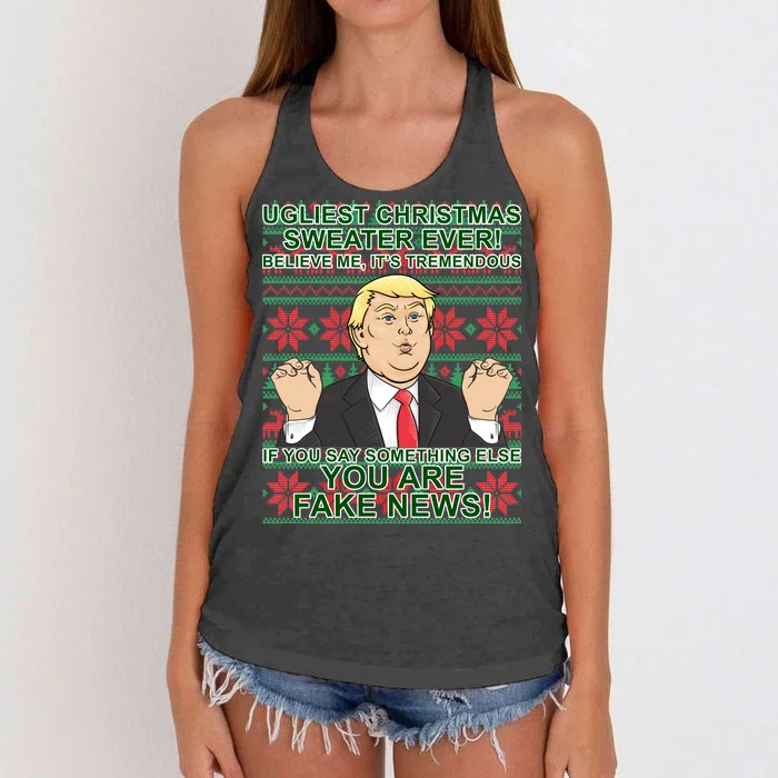 Ugly Christmas Sweater Fake News Trump Women's Knotted Racerback Tank