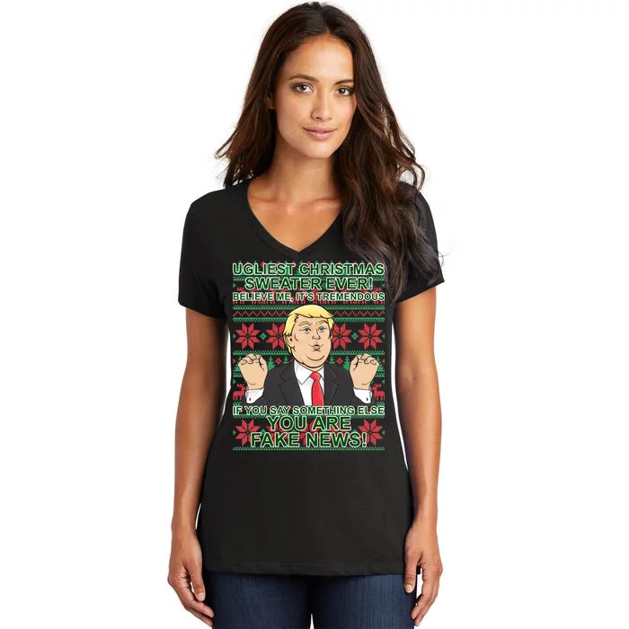 Ugly Christmas Sweater Fake News Trump Women's V-Neck T-Shirt