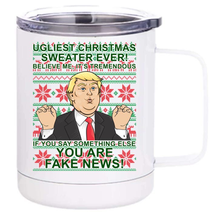 Ugly Christmas Sweater Fake News Trump Front & Back 12oz Stainless Steel Tumbler Cup