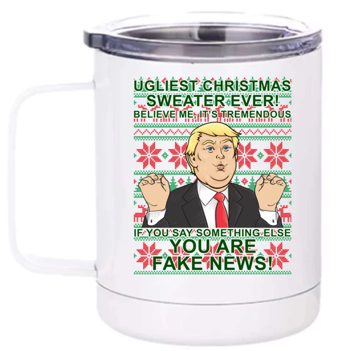 Ugly Christmas Sweater Fake News Trump Front & Back 12oz Stainless Steel Tumbler Cup