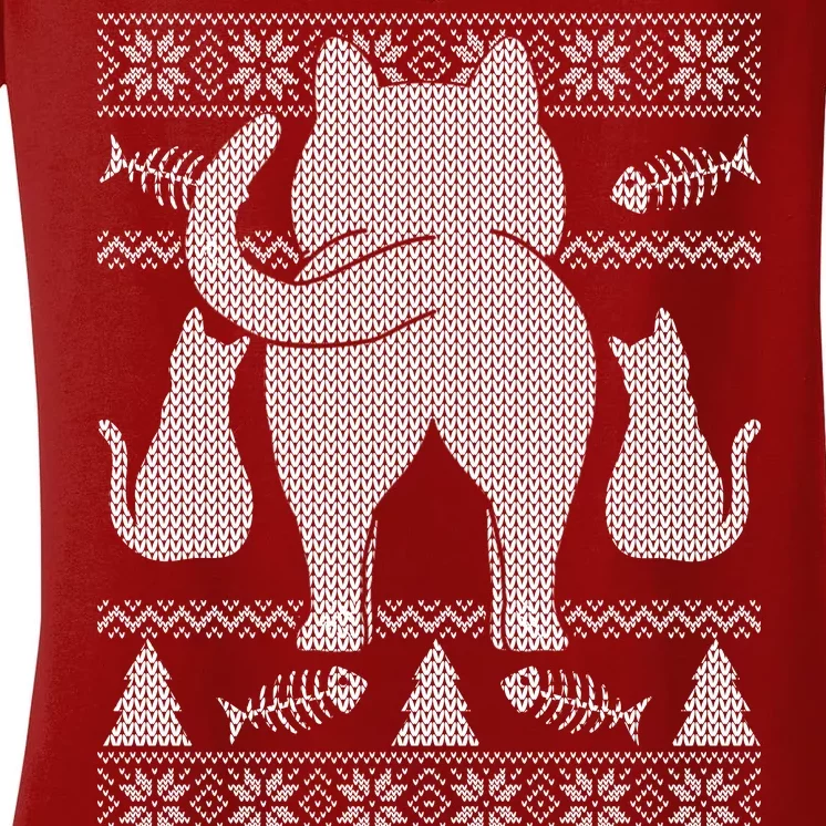 Ugly Christmas Sweater Festive Cat Butt Women's V-Neck T-Shirt