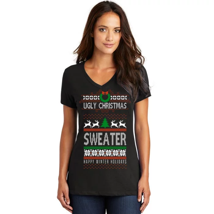 Ugly Christmas Sweater Happy Winter Holidays Women's V-Neck T-Shirt