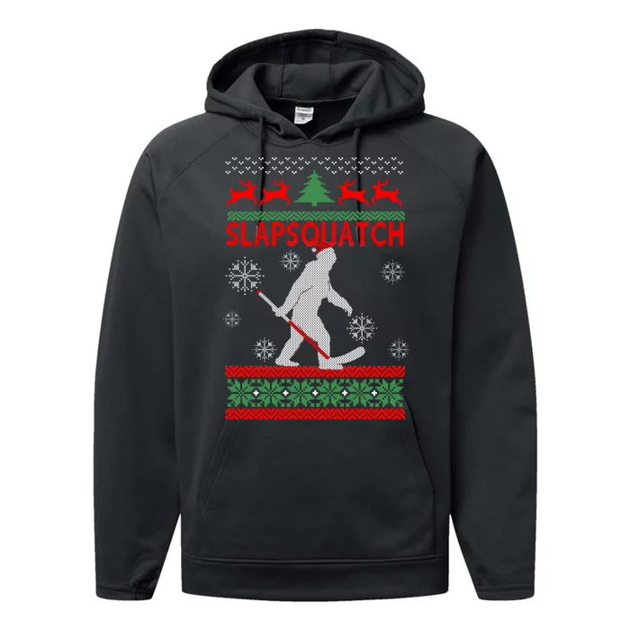 Ugly Christmas Sweater Hockey Sasquatch Performance Fleece Hoodie