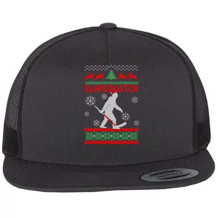 Ugly Christmas Sweater Hockey Sasquatch Flat Bill Trucker Hat