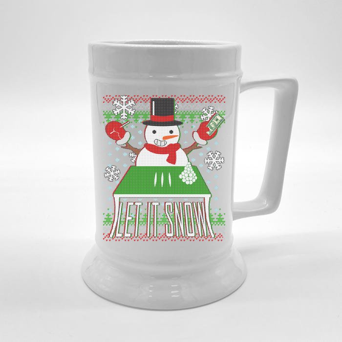 Ugly Christmas Sweater Let It Snow Frosty Snowman On Drugs Front & Back Beer Stein