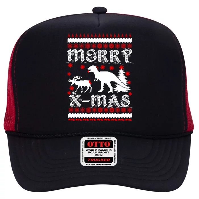 Ugly Christmas Sweater T-Rex Ate Reindeer High Crown Mesh Trucker Hat