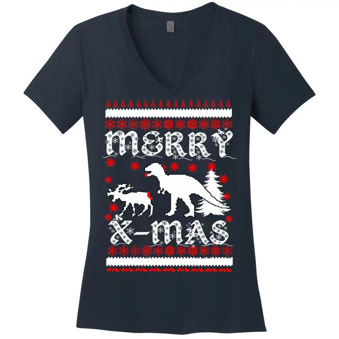 Ugly Christmas Sweater T-Rex Ate Reindeer Women's V-Neck T-Shirt