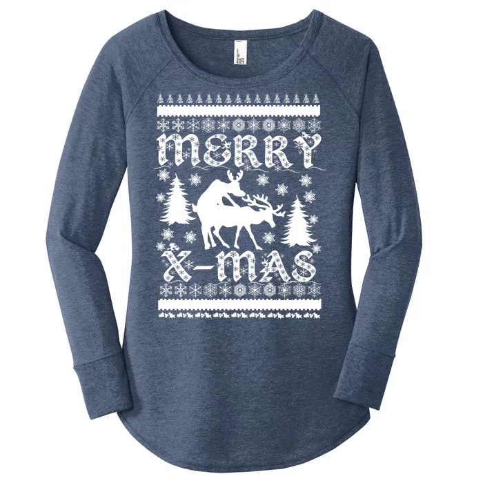 Ugly Christmas X-Mas Frisky Reindeer Humping Women's Perfect Tri Tunic Long Sleeve Shirt