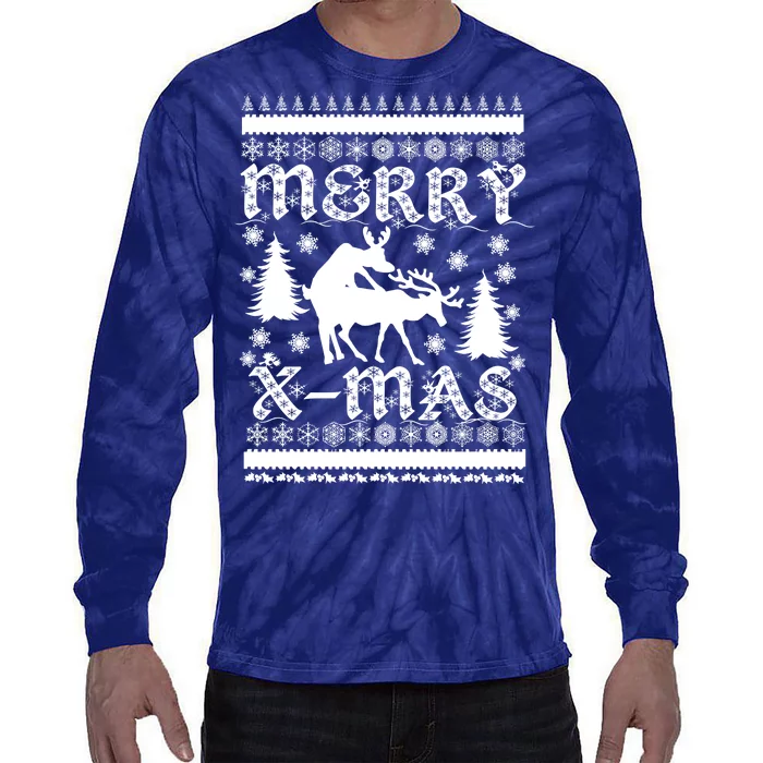 Ugly Christmas X-Mas Frisky Reindeer Humping Tie-Dye Long Sleeve Shirt