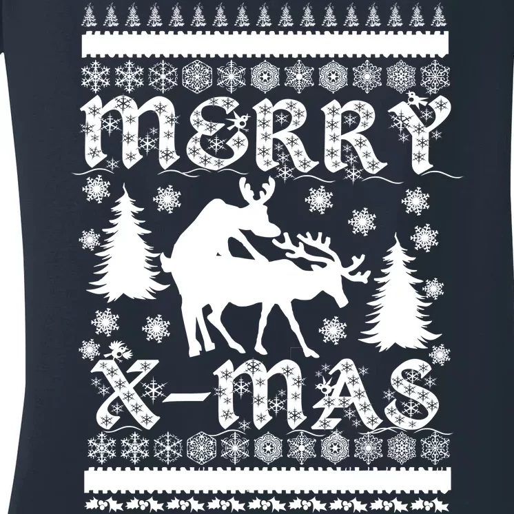 Ugly Christmas X-Mas Frisky Reindeer Humping Women's V-Neck T-Shirt